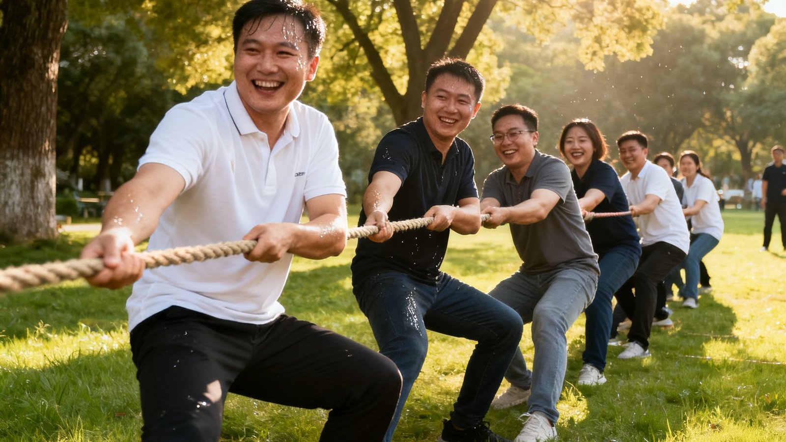 企业部门小型团建活动中员工们正在进行拔河比赛，阳光透过树荫洒在草地上，参与者脸上洋溢着欢笑与汗水